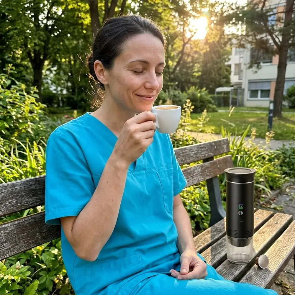 Enfermeira de farda sentada num banco de jardim ao nascer do sol a cheirar um espresso tirado com a CremaGo