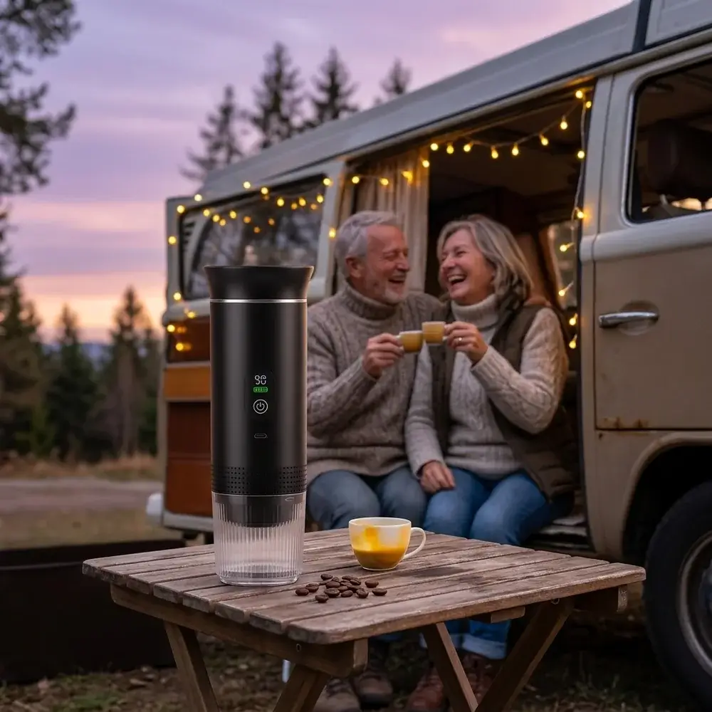 Casal a rir à porta de uma autocaravana com luzes acesas ao entardecer, com espressos tirados na CremaGo