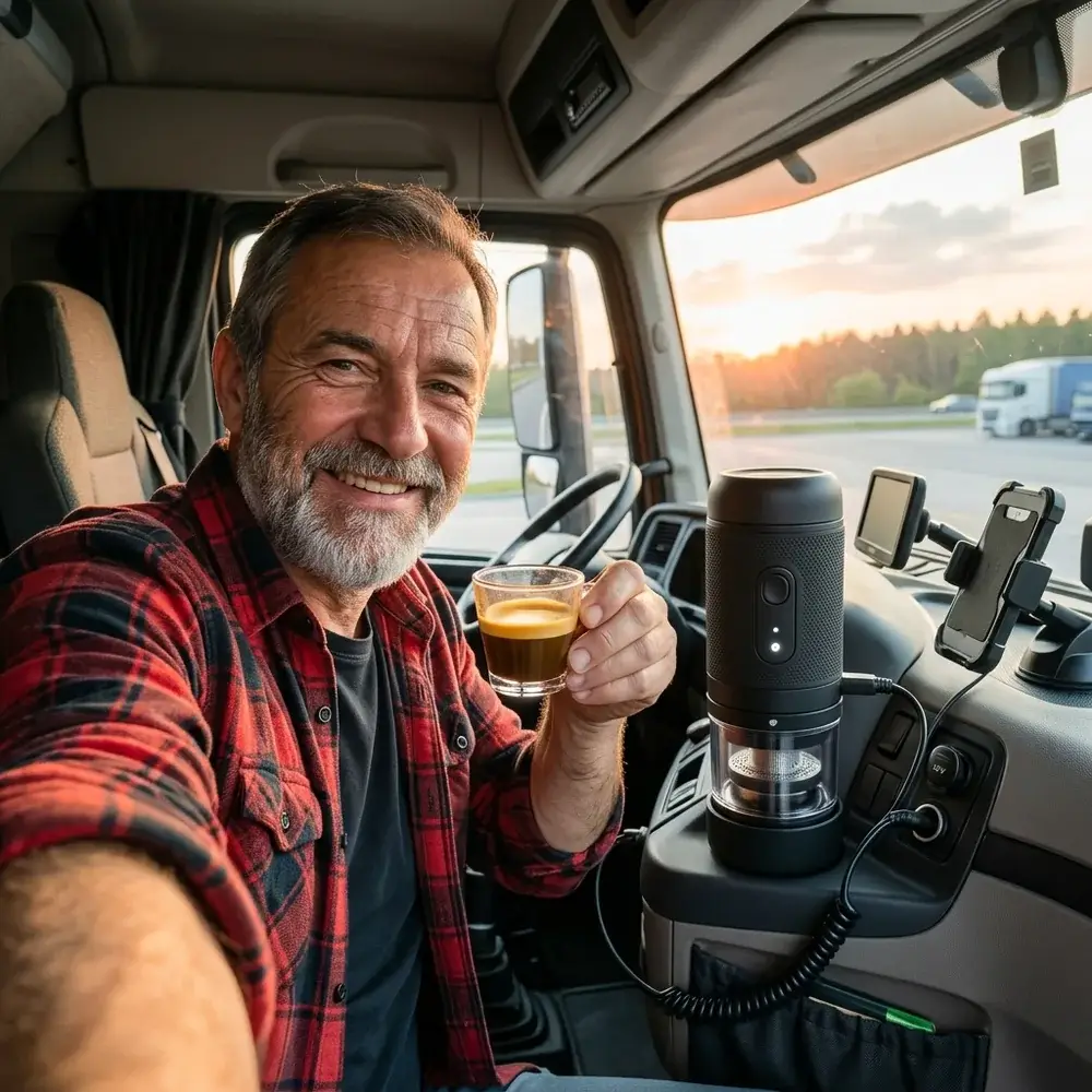 Camionista sorridente na cabine do camião com um espresso e a CremaGo no tablier