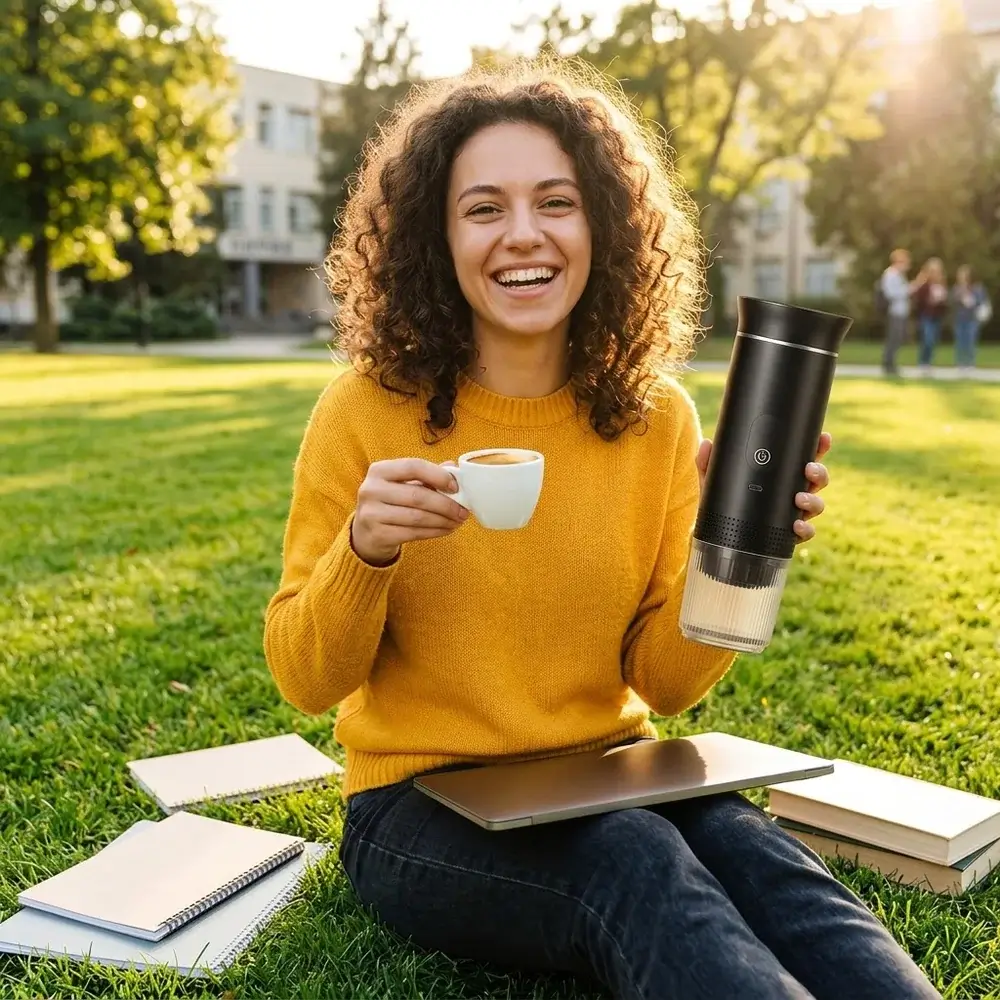 Estudante sorridente sentada no relvado do campus com a CremaGo e uma chávena de espresso