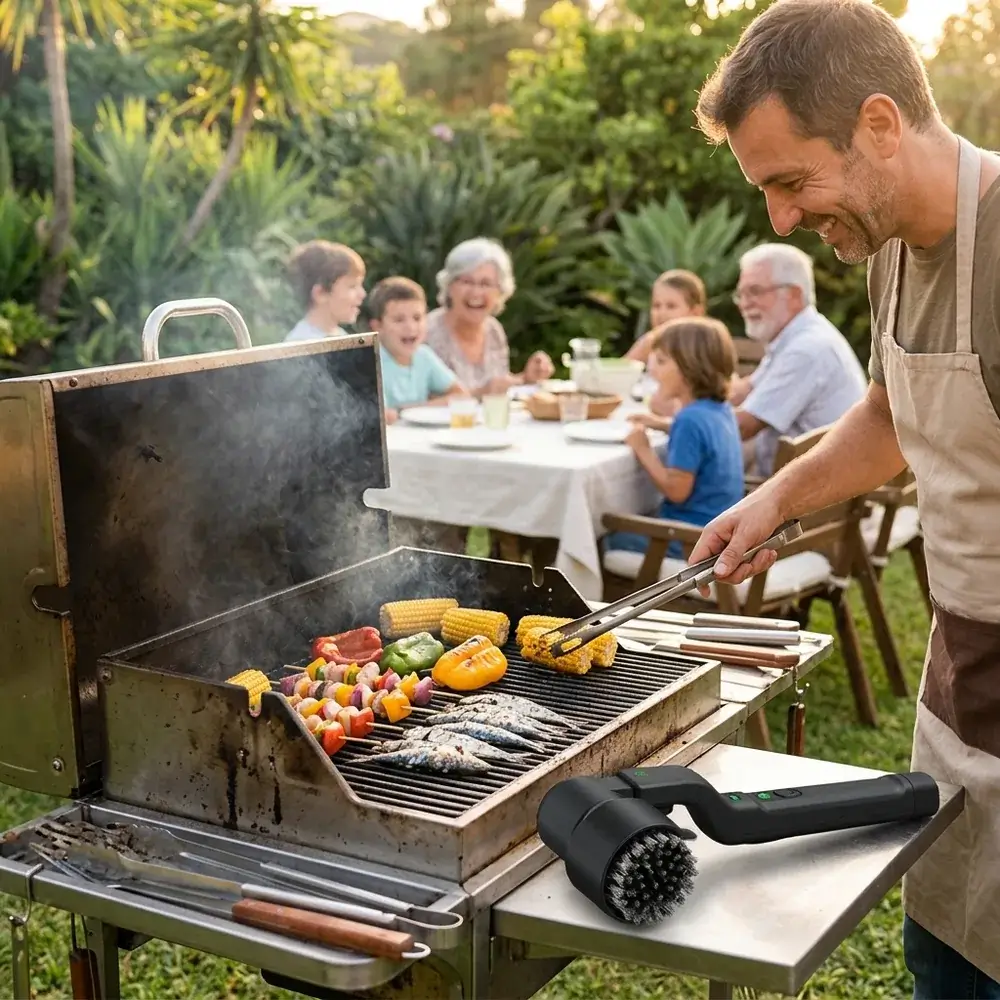 Famiglia a una grigliata all’aperto con la griglia pulita e piena di cibo