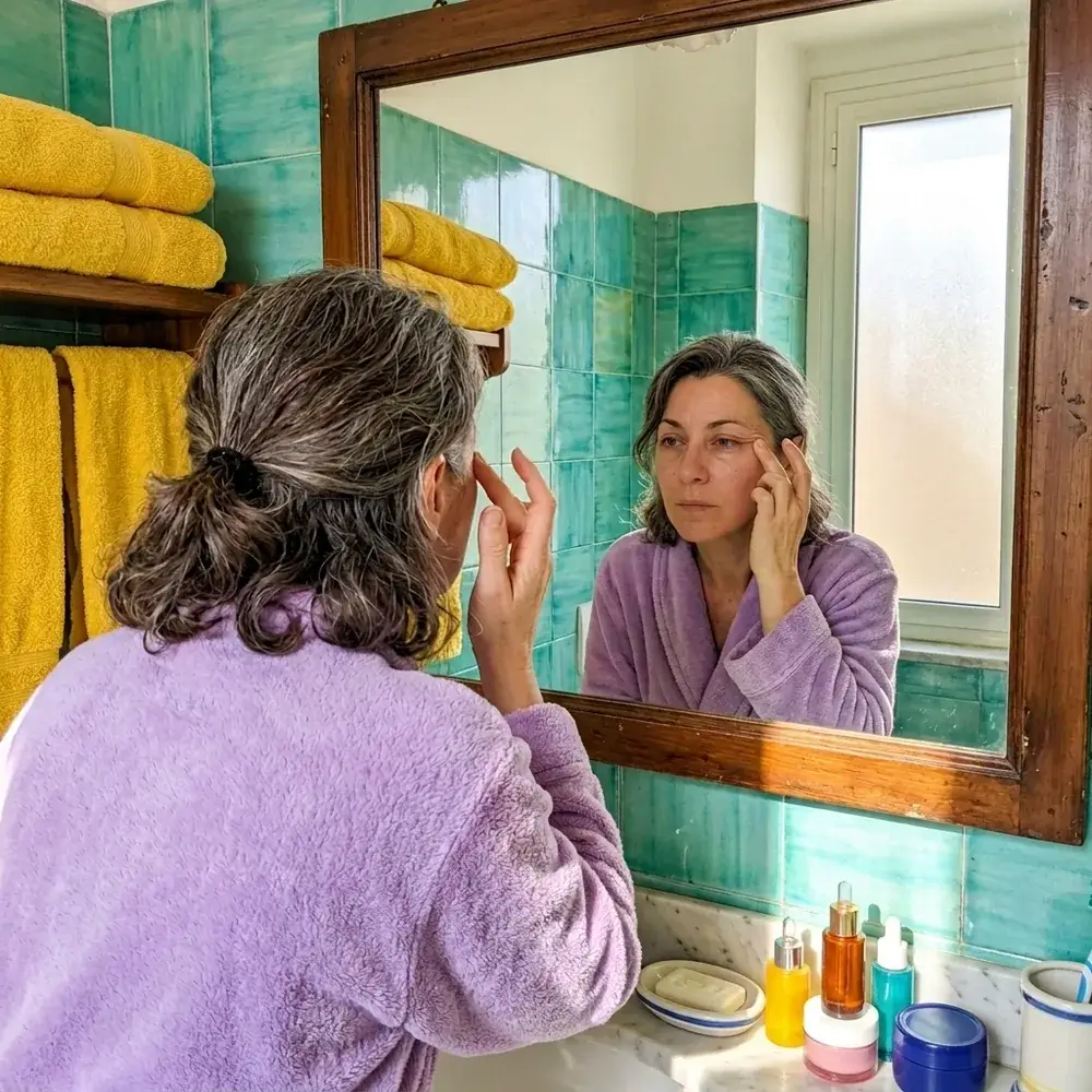 Donna allo specchio del bagno che osserva le prime rughe vicino all’occhio
