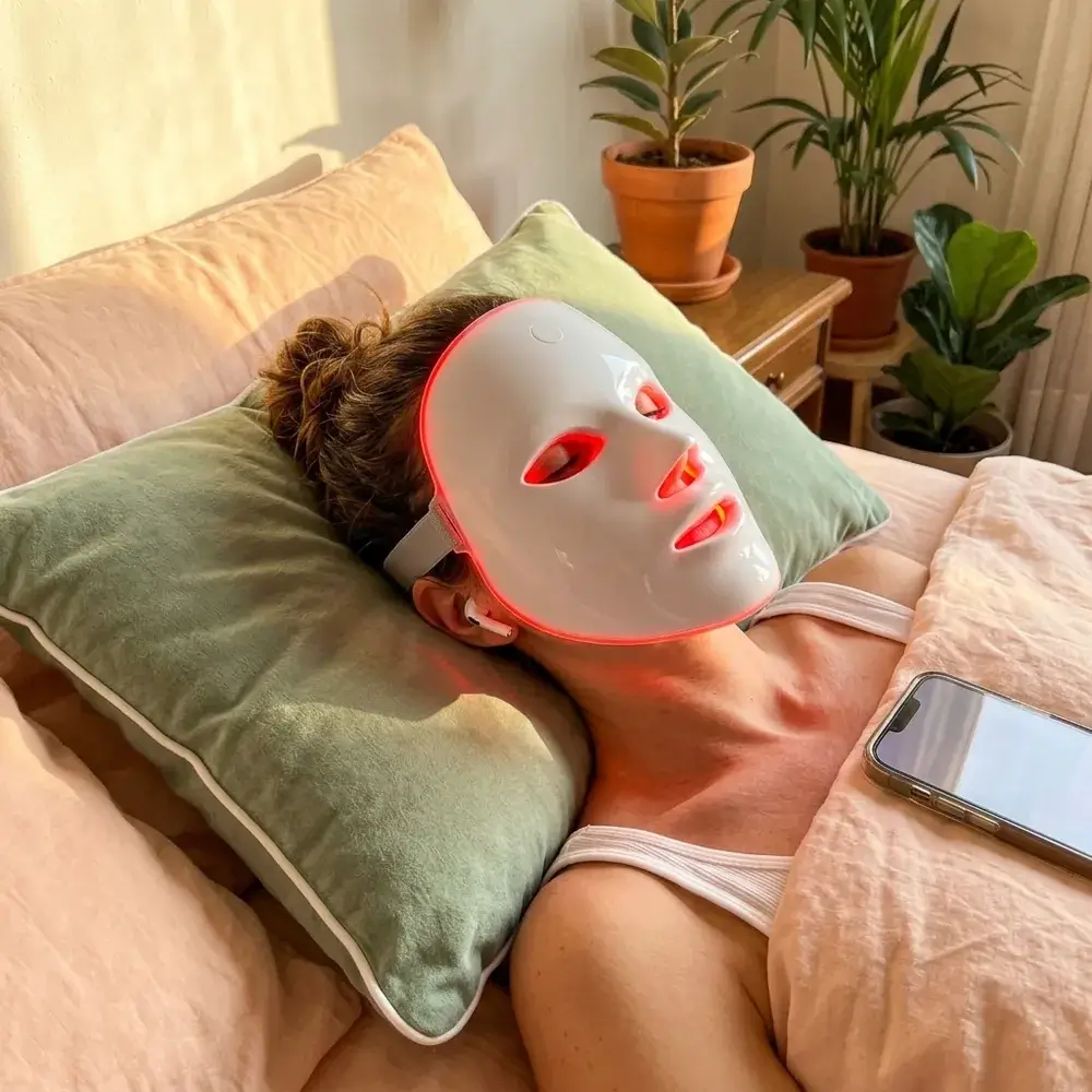 Elena, 34 anni, rilassata a letto con la maschera LED accesa in rosso