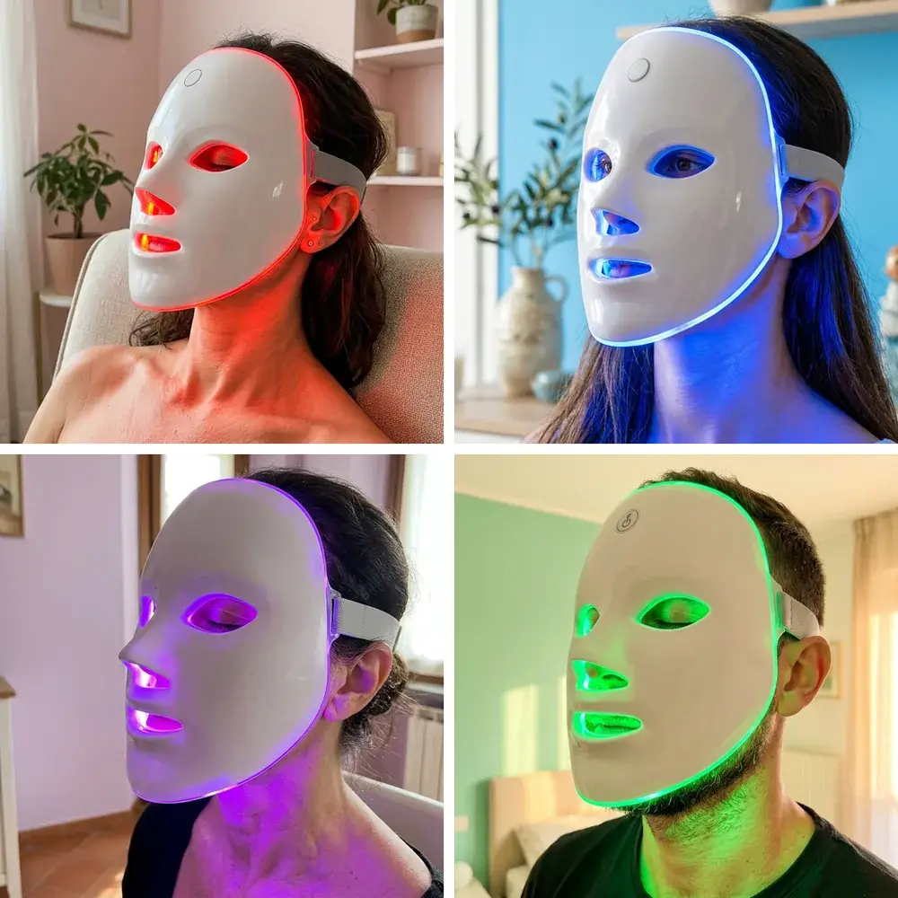 La maschera LED accesa in rosso, blu, viola e verde