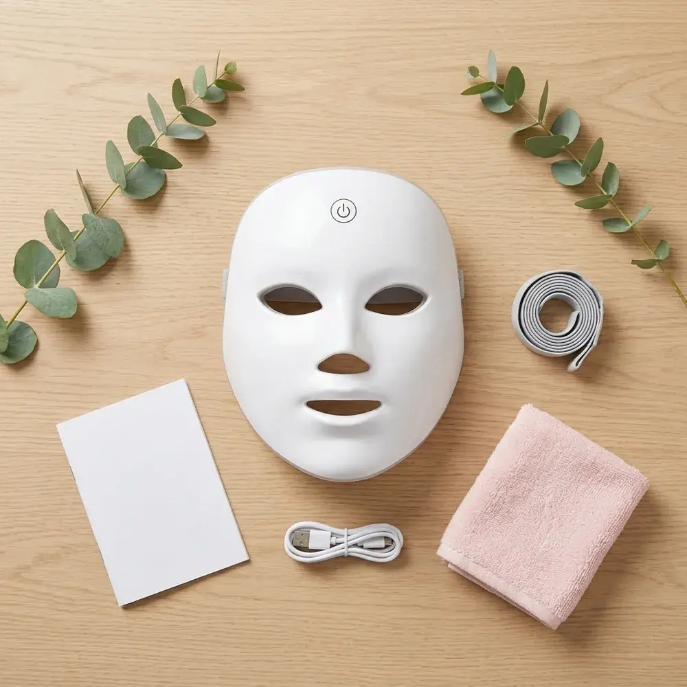 Maschera LED, fascia elastica, cavo USB e manuale