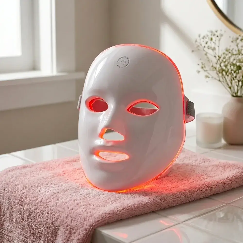Maschera LED accesa in rosso appoggiata su un asciugamano rosa