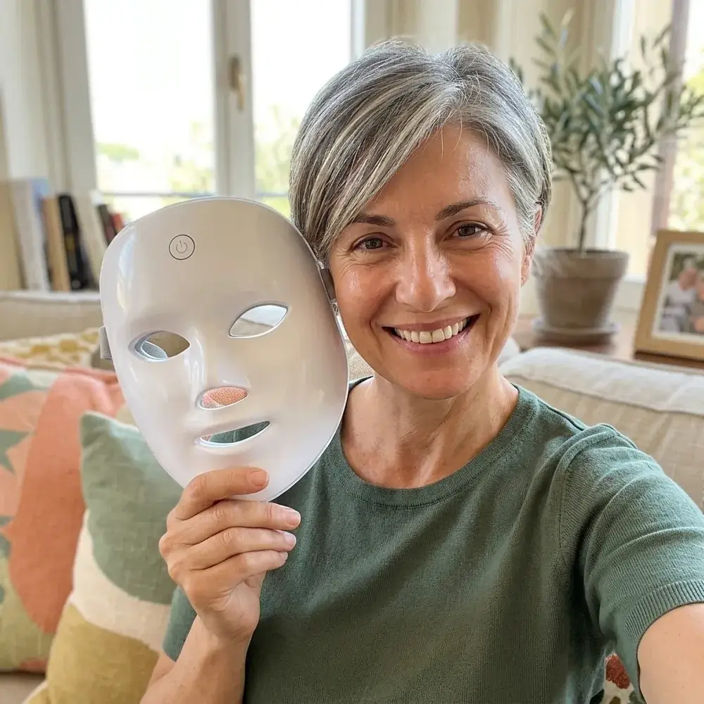 Giulia, 52 anni, sorridente con la maschera LED in mano