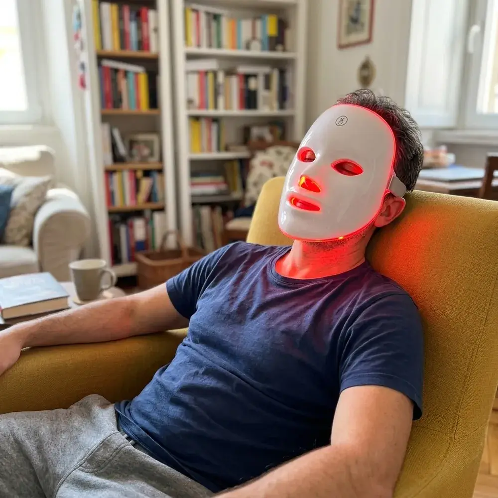 Paolo, 44 anni, rilassato in poltrona con la maschera LED accesa in rosso