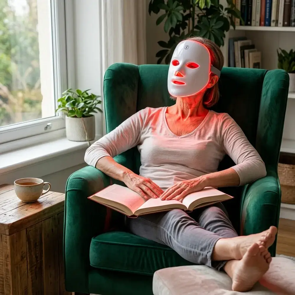 Donna in poltrona con la maschera LED accesa in rosso e un libro aperto in grembo