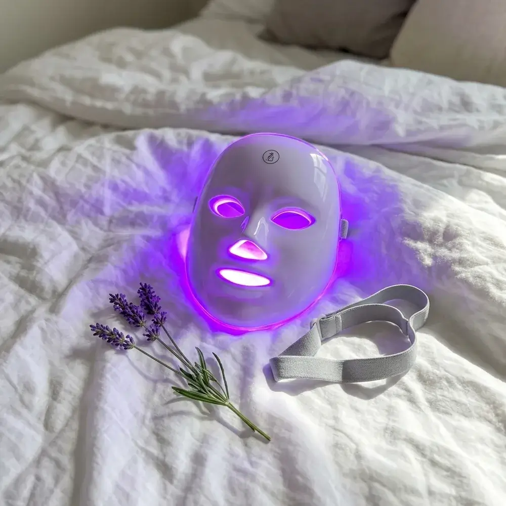 Maschera LED accesa in viola appoggiata su lenzuola bianche
