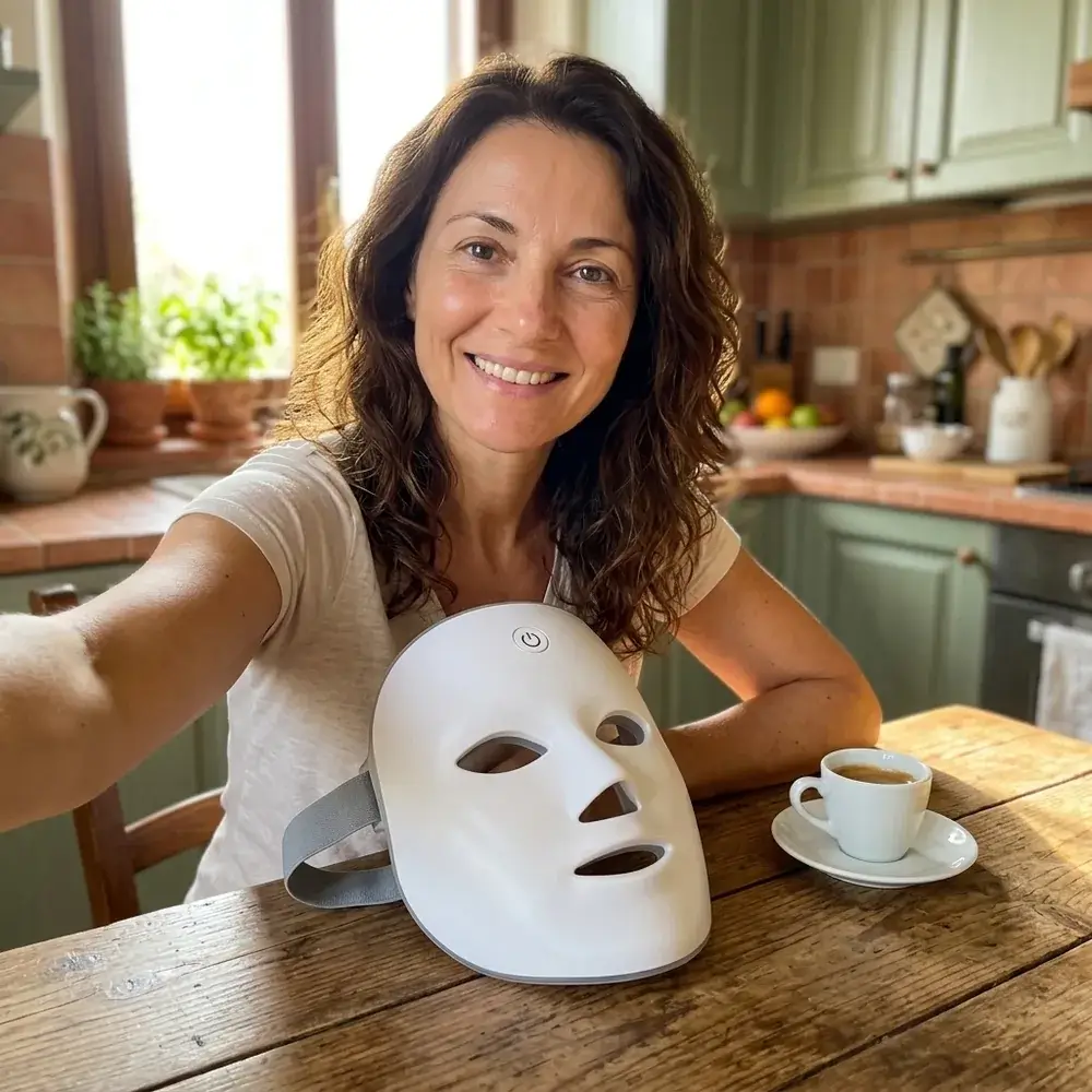 Francesca, 47 anni, sorridente in cucina con la maschera LED sul tavolo