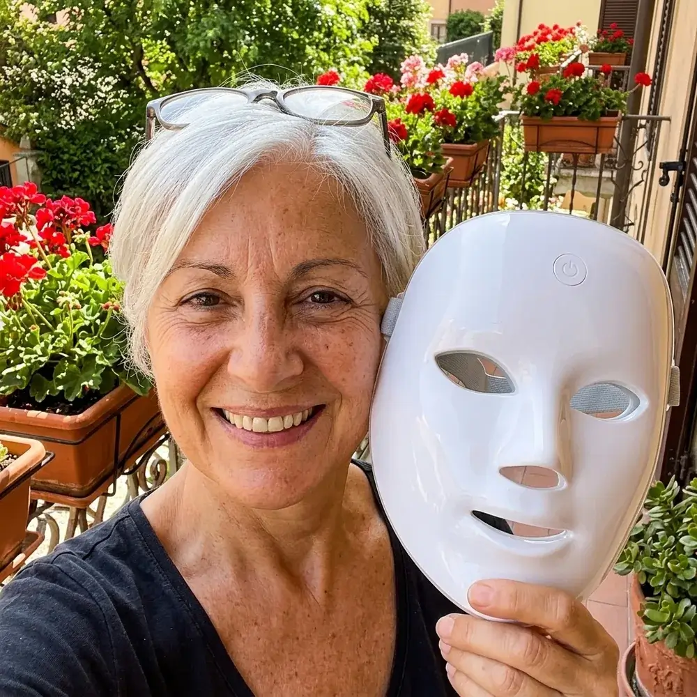 Rosa, 63 anni, sorridente sul balcone con la maschera LED in mano