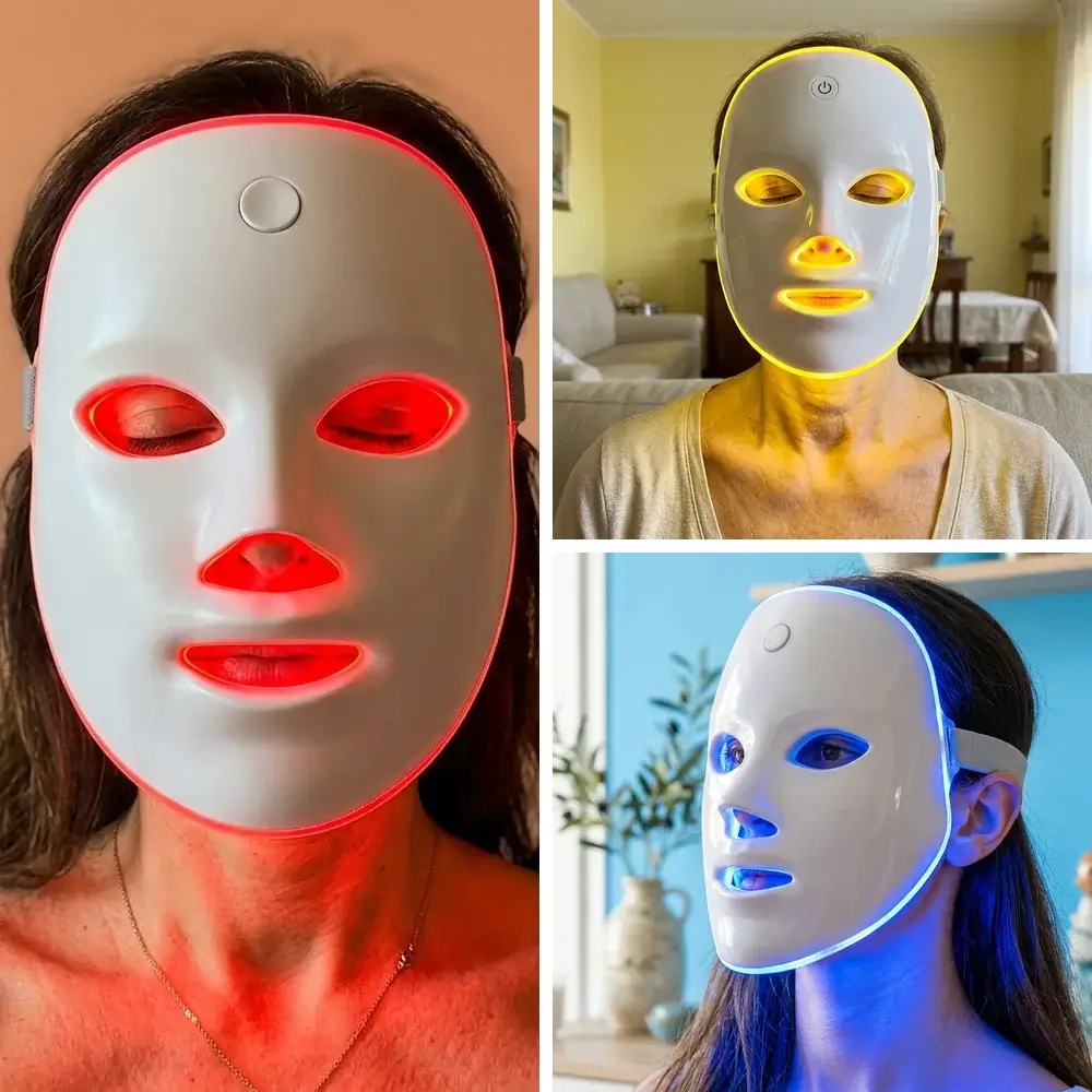 Maschera LED viso accesa nei 3 colori: luce rossa, gialla e blu