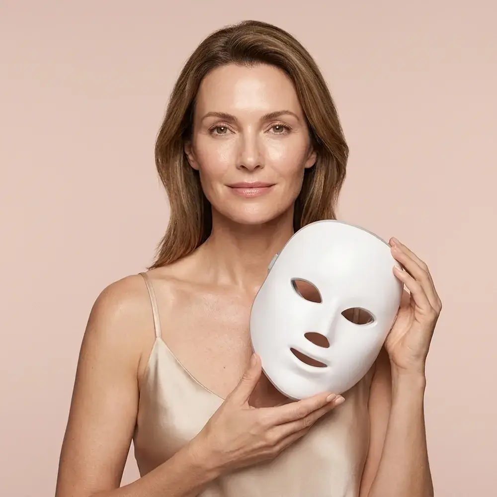 Donna sorridente dalla pelle luminosa con la maschera LED in mano