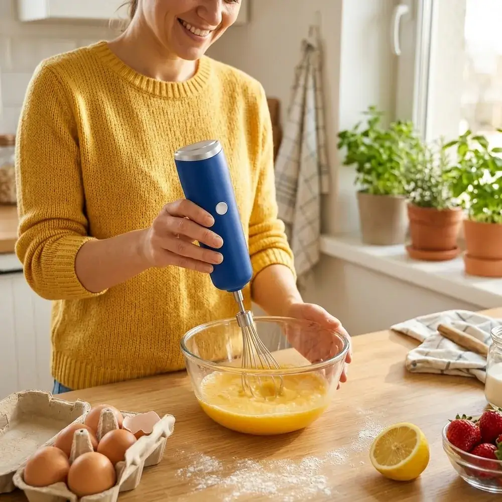 Mujer sonriente en una cocina con sol batiendo huevos en un bol de cristal con el batidor azul