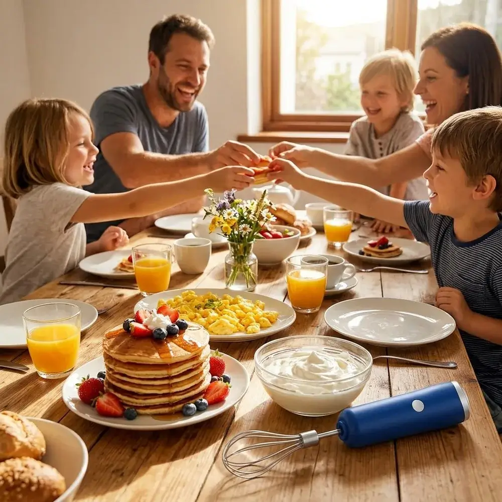 Familia riendo alrededor de una mesa de desayuno con tortitas, fruta y nata, con el batidor azul sobre la mesa