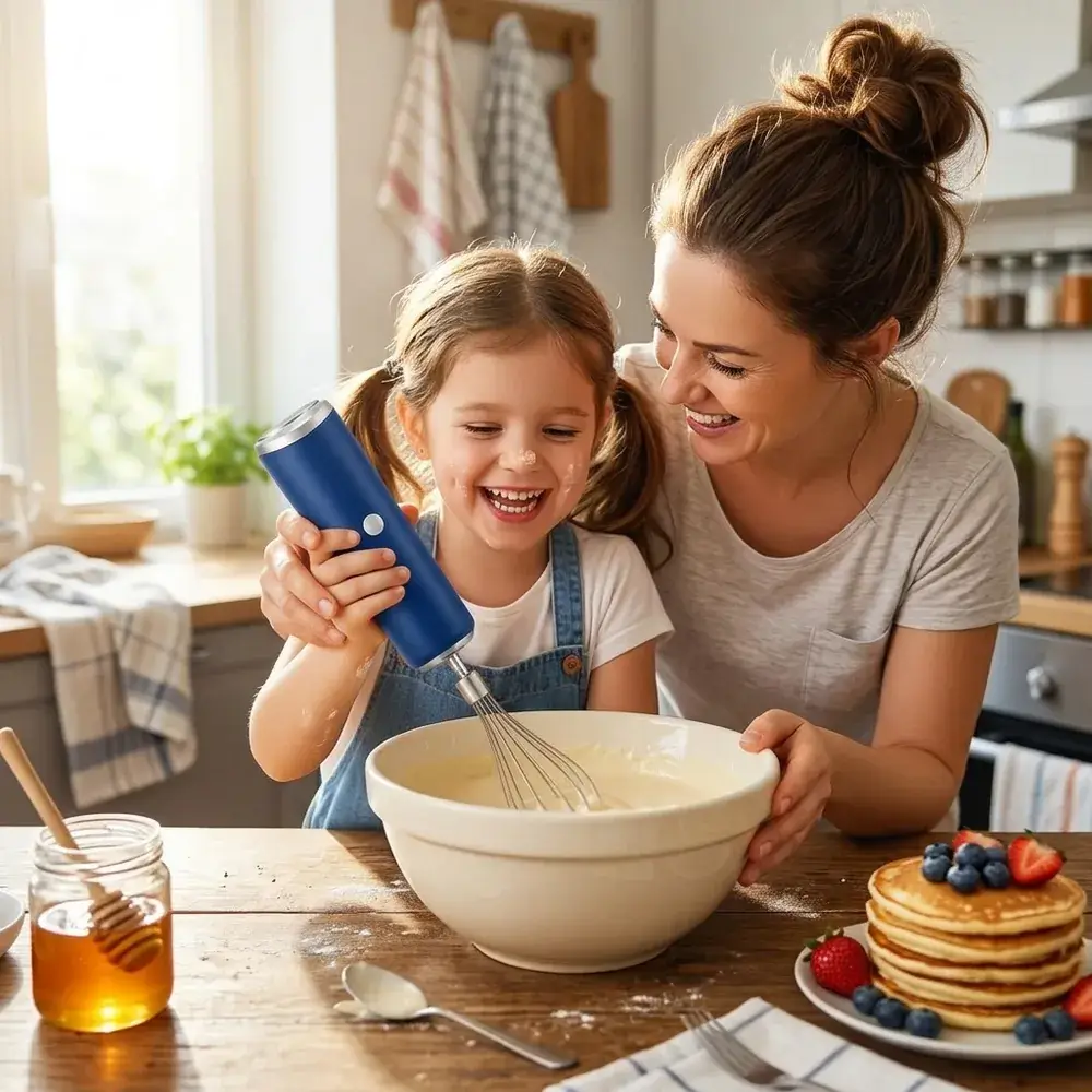 Madre e hija riendo mientras baten masa de tortitas lisa en un bol, con un montón de tortitas con fruta al lado