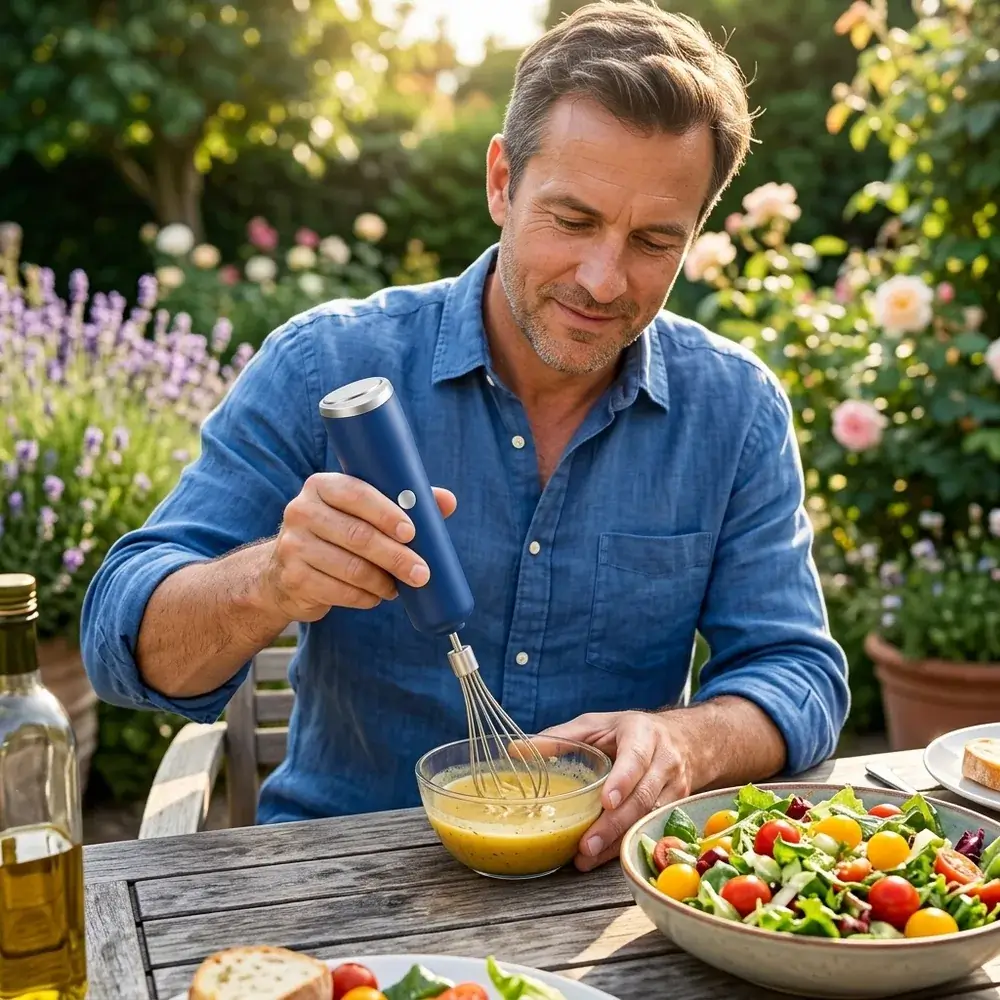 Hombre batiendo una vinagreta en un bol pequeño en la mesa del jardín, junto a una ensalada colorida