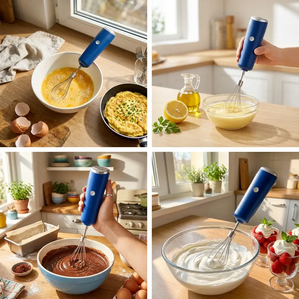 Cuatro usos del batidor: huevos para tortilla, mayonesa casera, masa de bizcocho de chocolate y nata montada con fresas