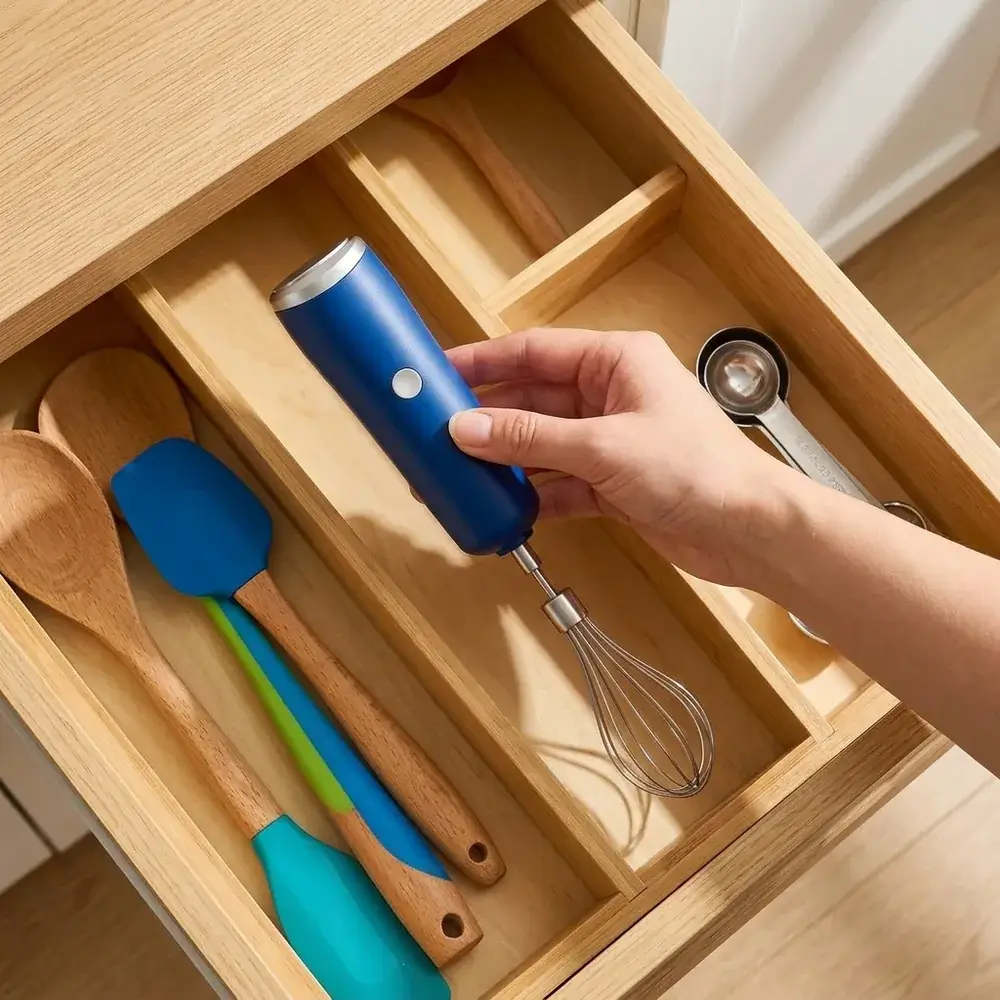 Cajón de cocina abierto con utensilios ordenados y el batidor azul entre ellos