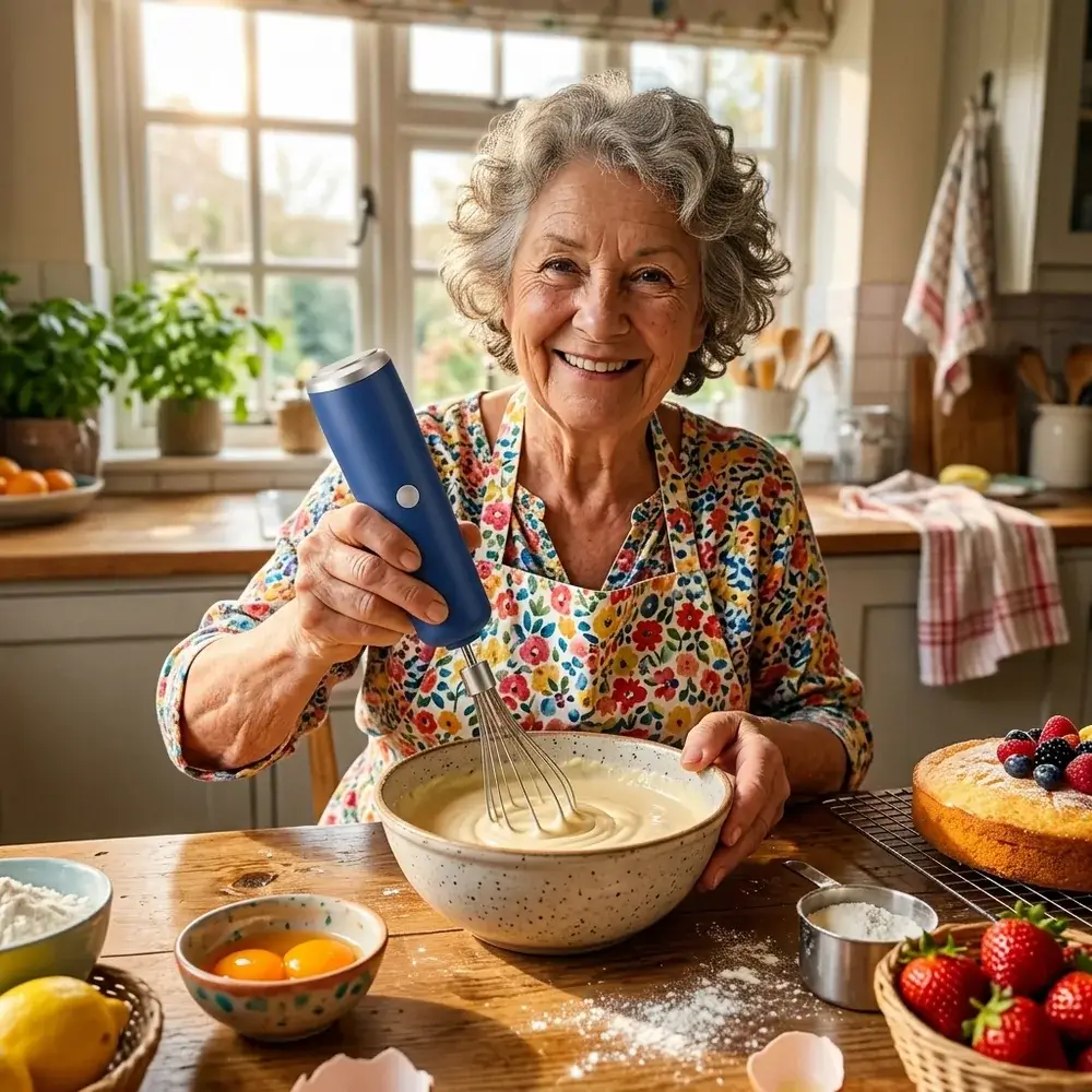 Señora sonriente con delantal batiendo la masa de un bizcocho en la mesa de la cocina con el batidor azul