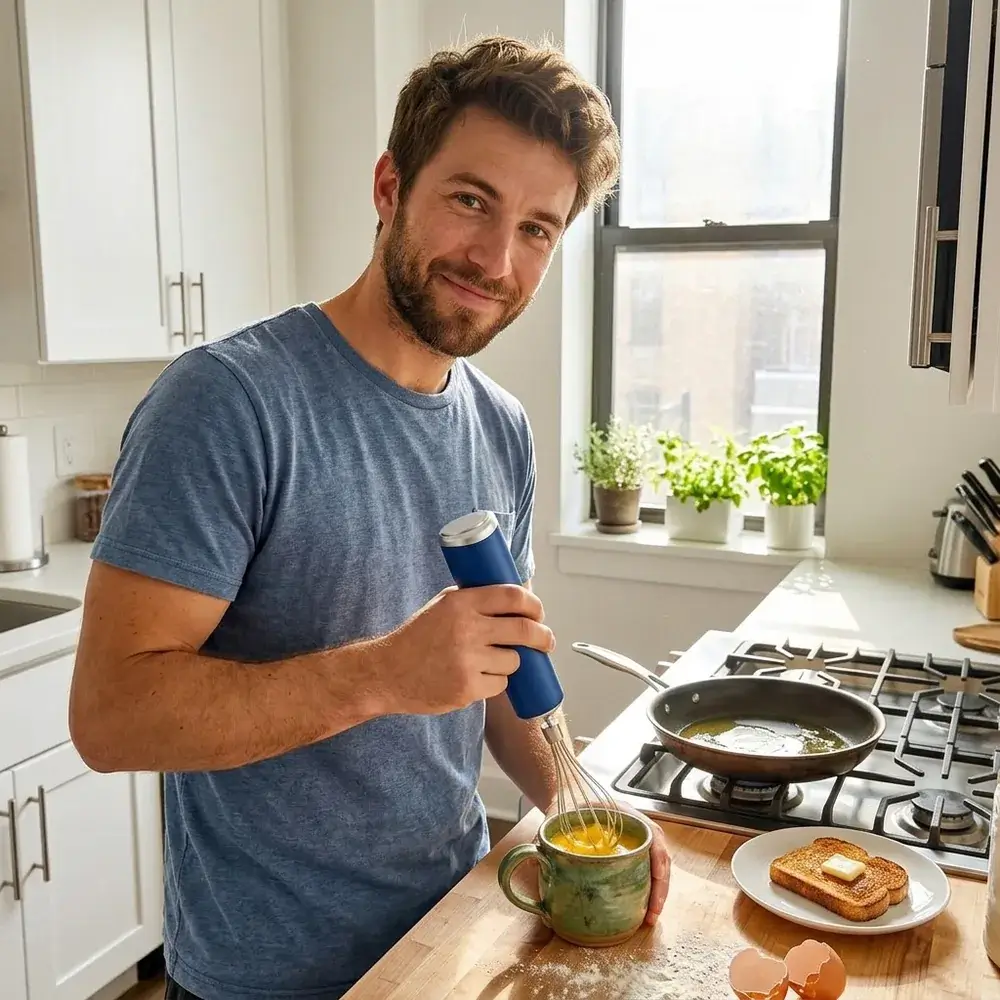 Chico en una cocina pequeña batiendo huevos con el batidor azul junto a una sartén