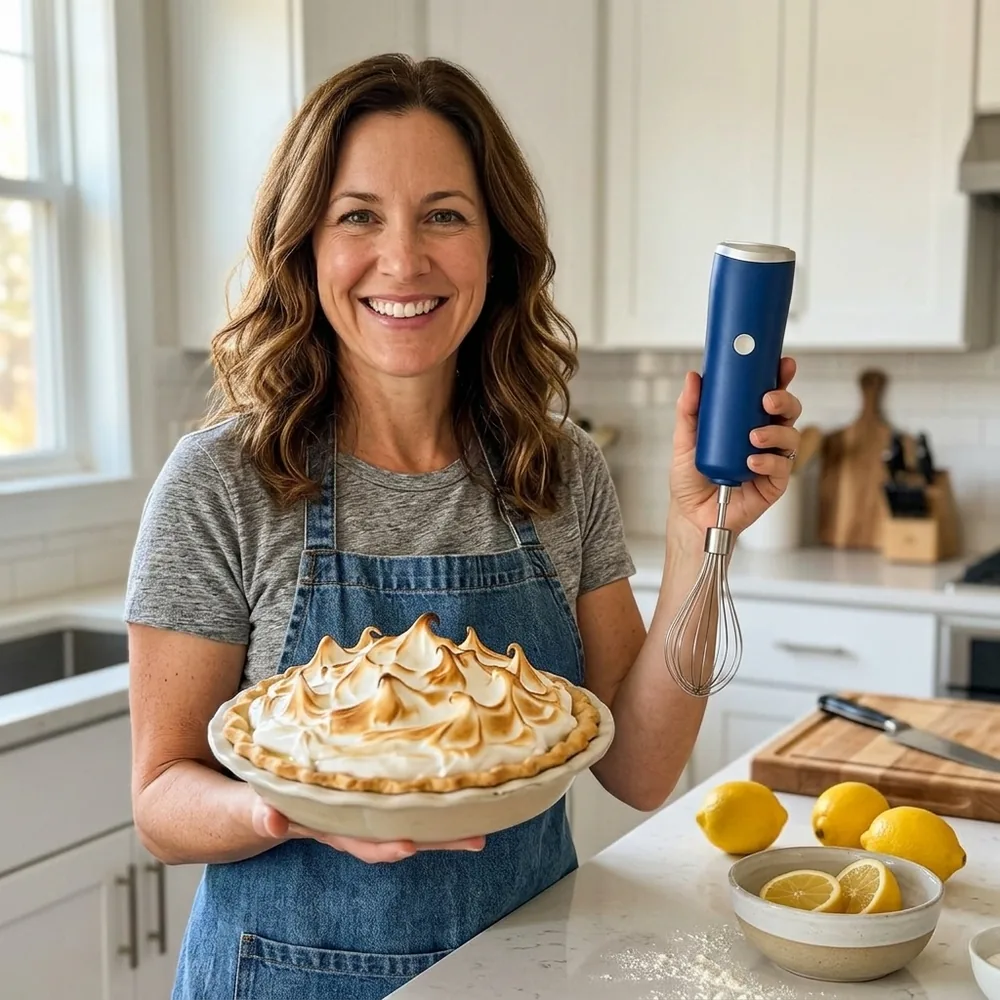 Mujer mostrando una tarta de limón con merengue dorado, con el batidor azul en la otra mano