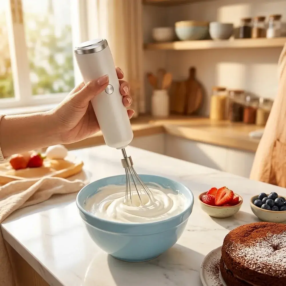 Manos batiendo nata esponjosa en un bol con el batidor blanco, junto a fresas y arándanos