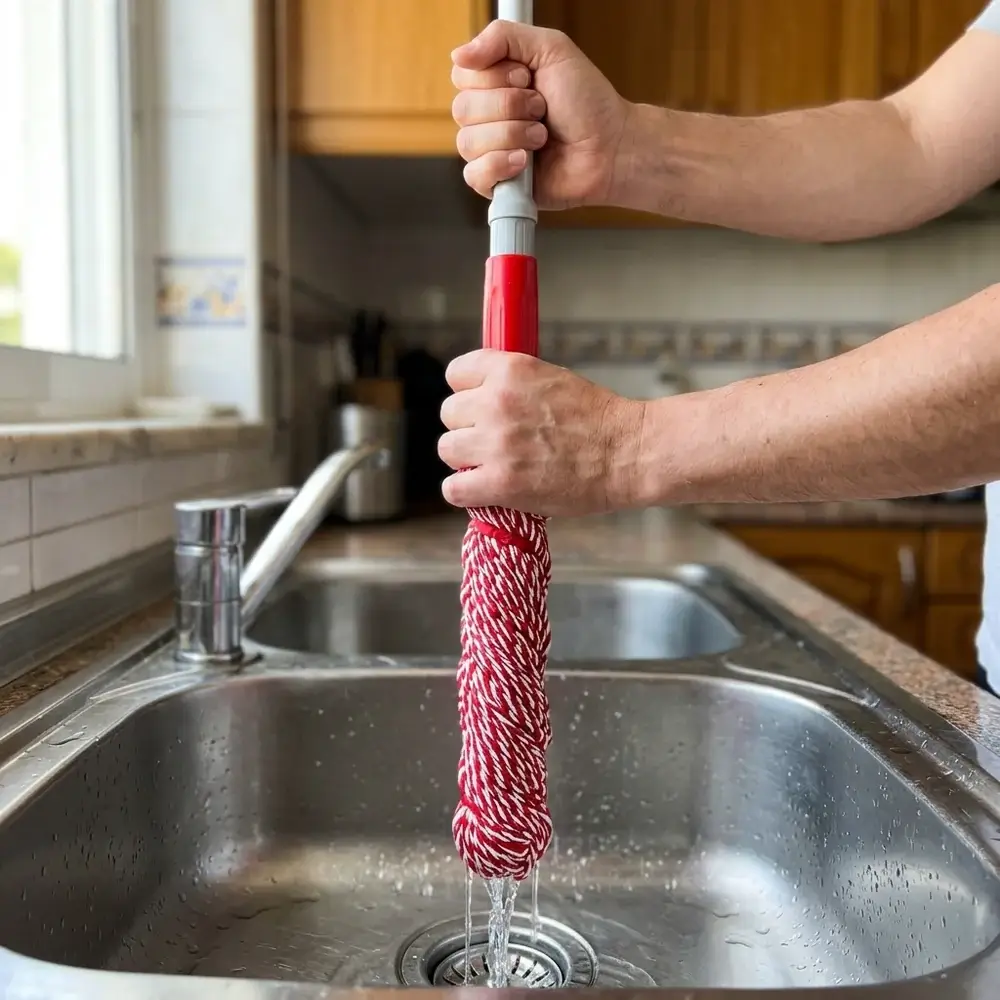 Ръце усукват дръжката на TwistClean над мивката, с навити влакна от микрофибър и стичаща се вода