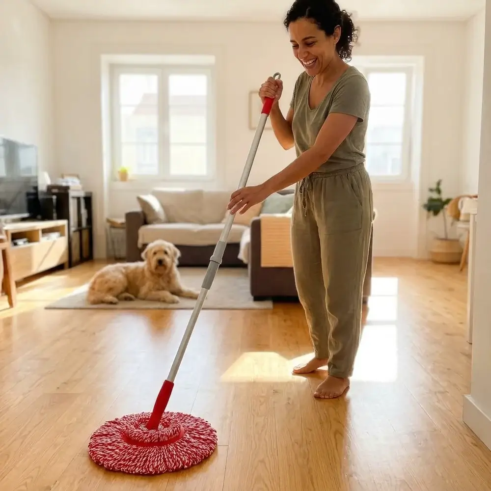 Усмихната жена с изправен гръб плъзга TwistClean с изпъната дръжка в слънчева стая с под, който отразява светлината