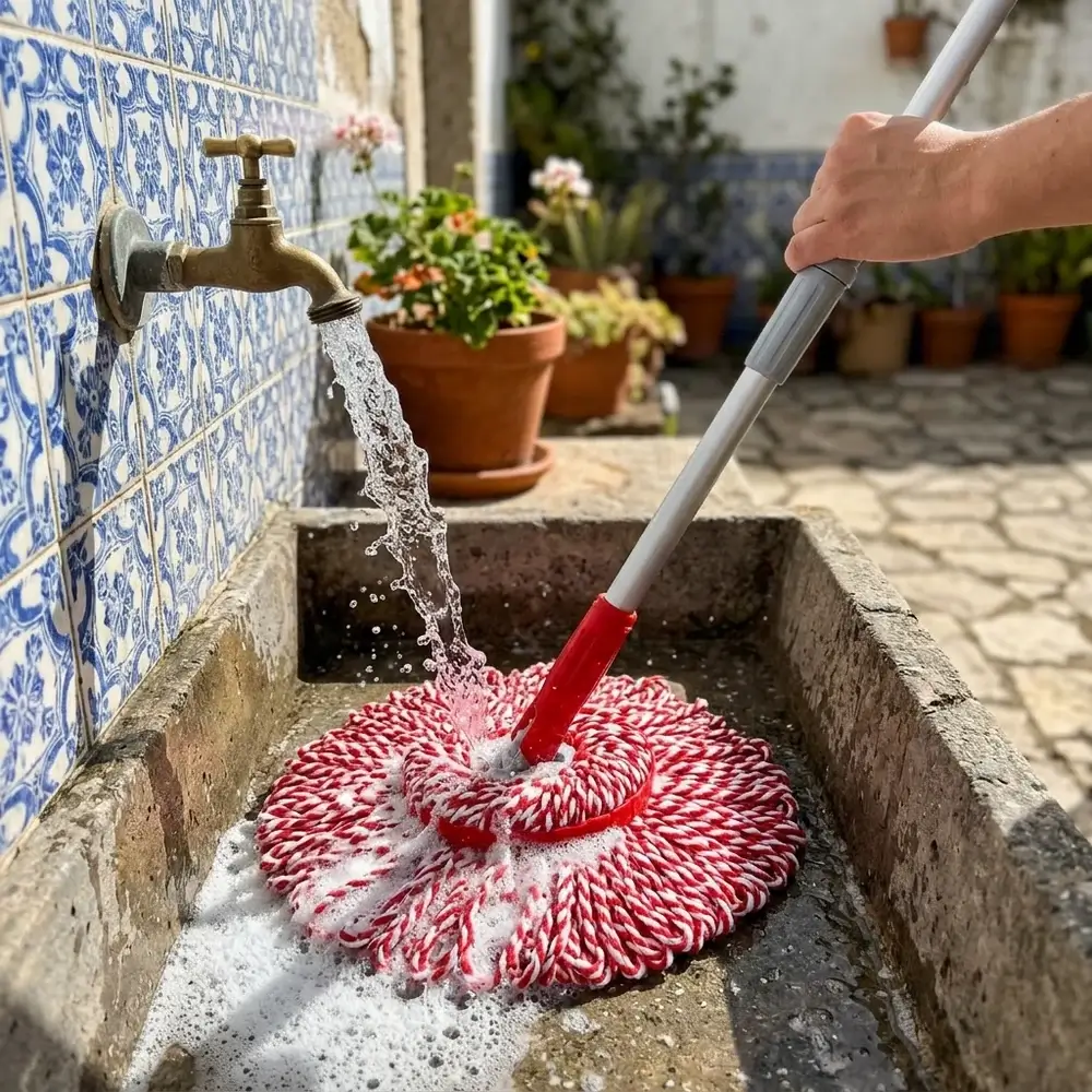 Главата на TwistClean се мие под чешмата на мивка, а червено-белият микрофибър се изчиства
