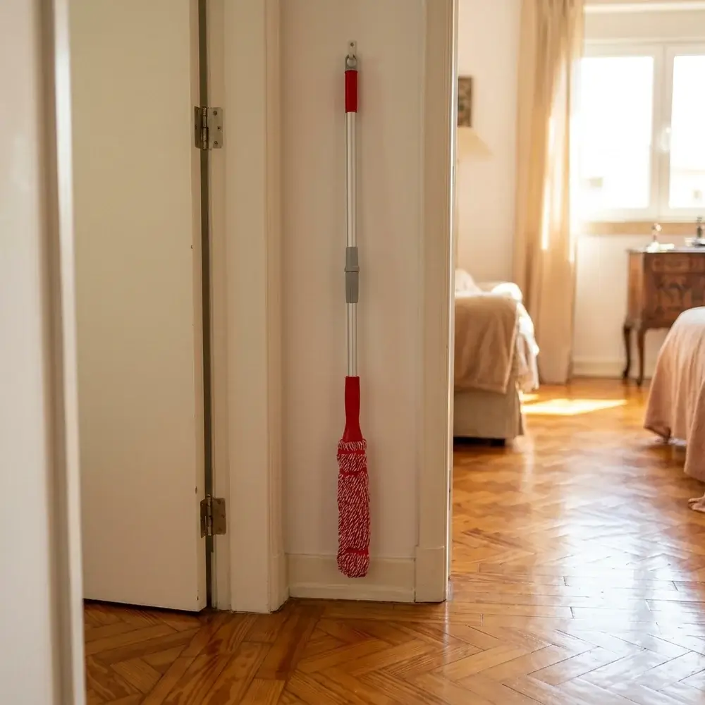 Блестящ дървен паркет в малък апартамент с TwistClean, закачена зад вратата