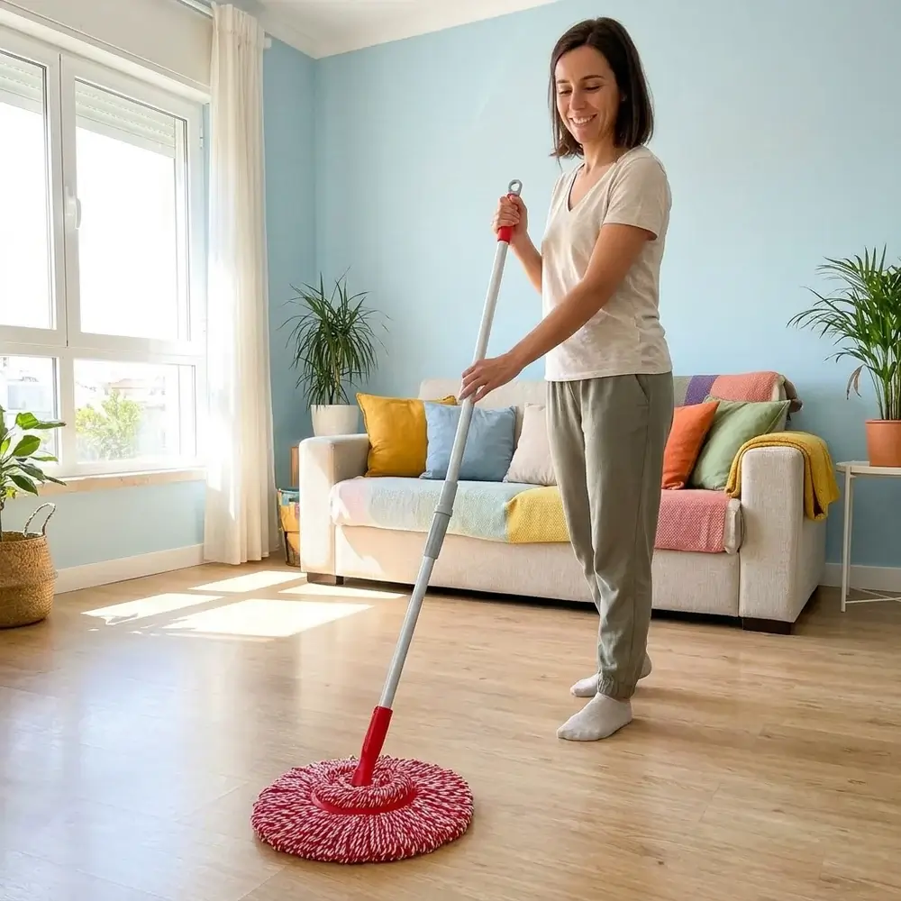 Жена в светла стая плъзга кръглата моп TwistClean по блестящ ламинат