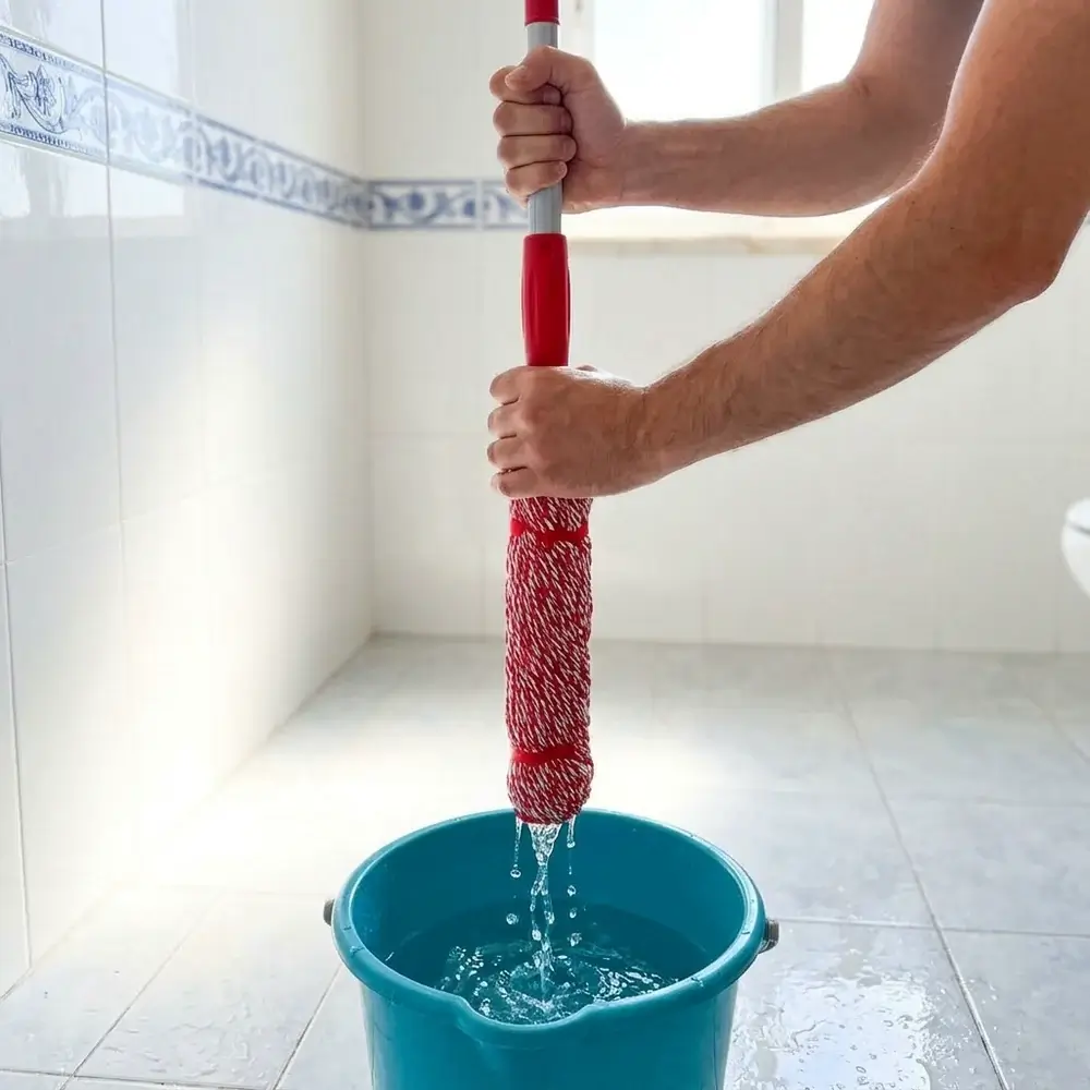 Едър план на главата от микрофибър на TwistClean, усукана на спирала, с капки вода, падащи в синя кофа