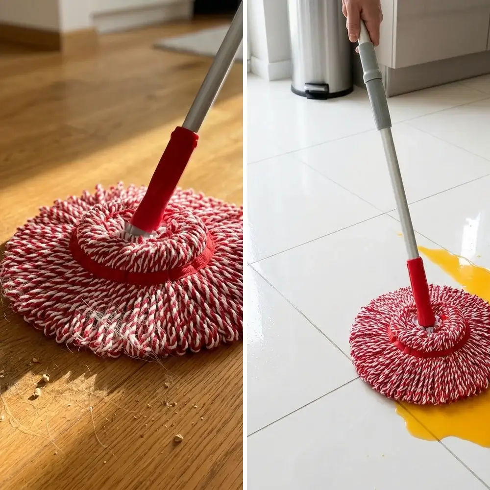 Две сцени една до друга: суха TwistClean събира прах и косми от дървен паркет и същата, мокра, почиства петно от сок върху плочките в кухнята