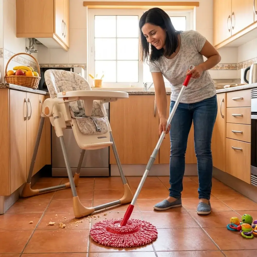 Майка събира трохи изпод детското столче с TwistClean в цветна кухня