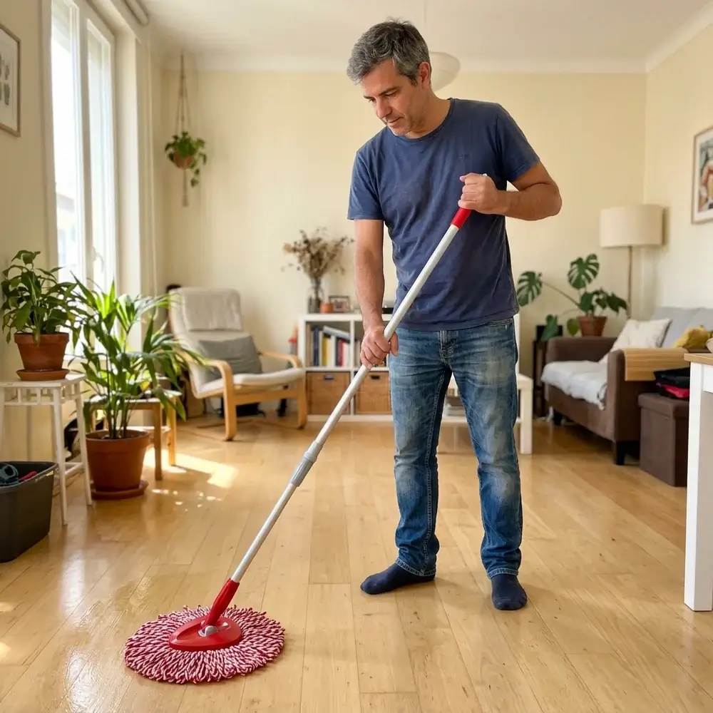 Мъж плъзга TwistClean по блестящ светъл дървен паркет в стая с растения