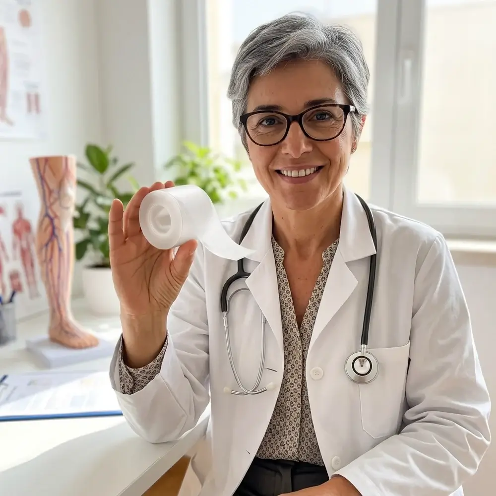 Médica angióloga con bata blanca en la consulta mostrando el rollo de parches VenoClear