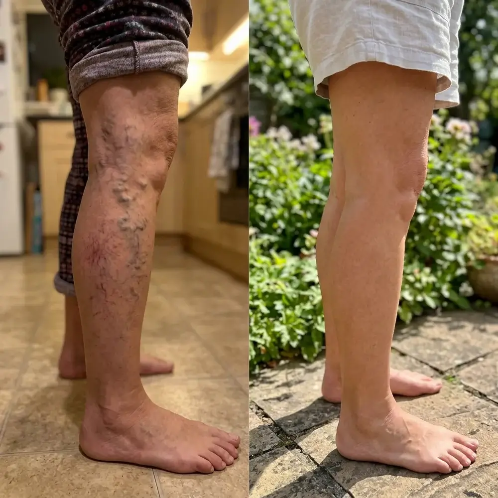 Antes y después de la pierna de Carmen: varices marcadas y la misma pierna con la piel lisa