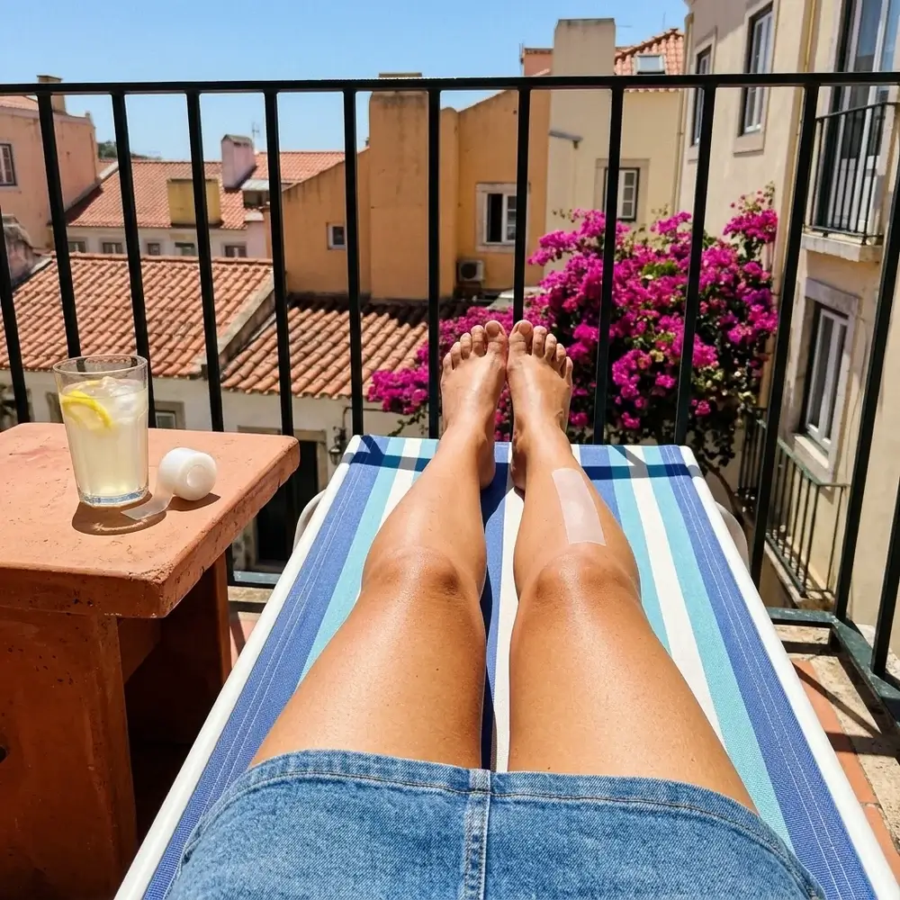 Piernas lisas de una clienta en una tumbona de terraza con el rollo VenoClear al lado