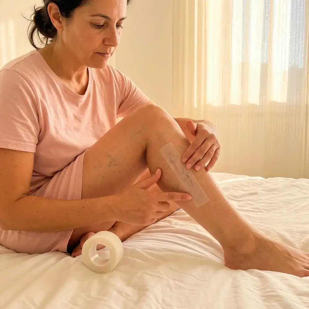 Mujer sentada en el borde de la cama por la mañana pegando una tira VenoClear a lo largo de la pantorrilla