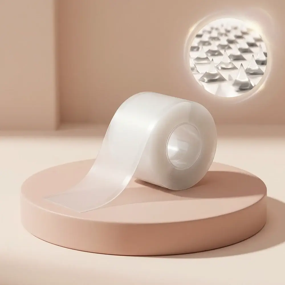 Rollo de cinta VenoClear sobre un pedestal nude con detalle ampliado de las microagujas transparentes