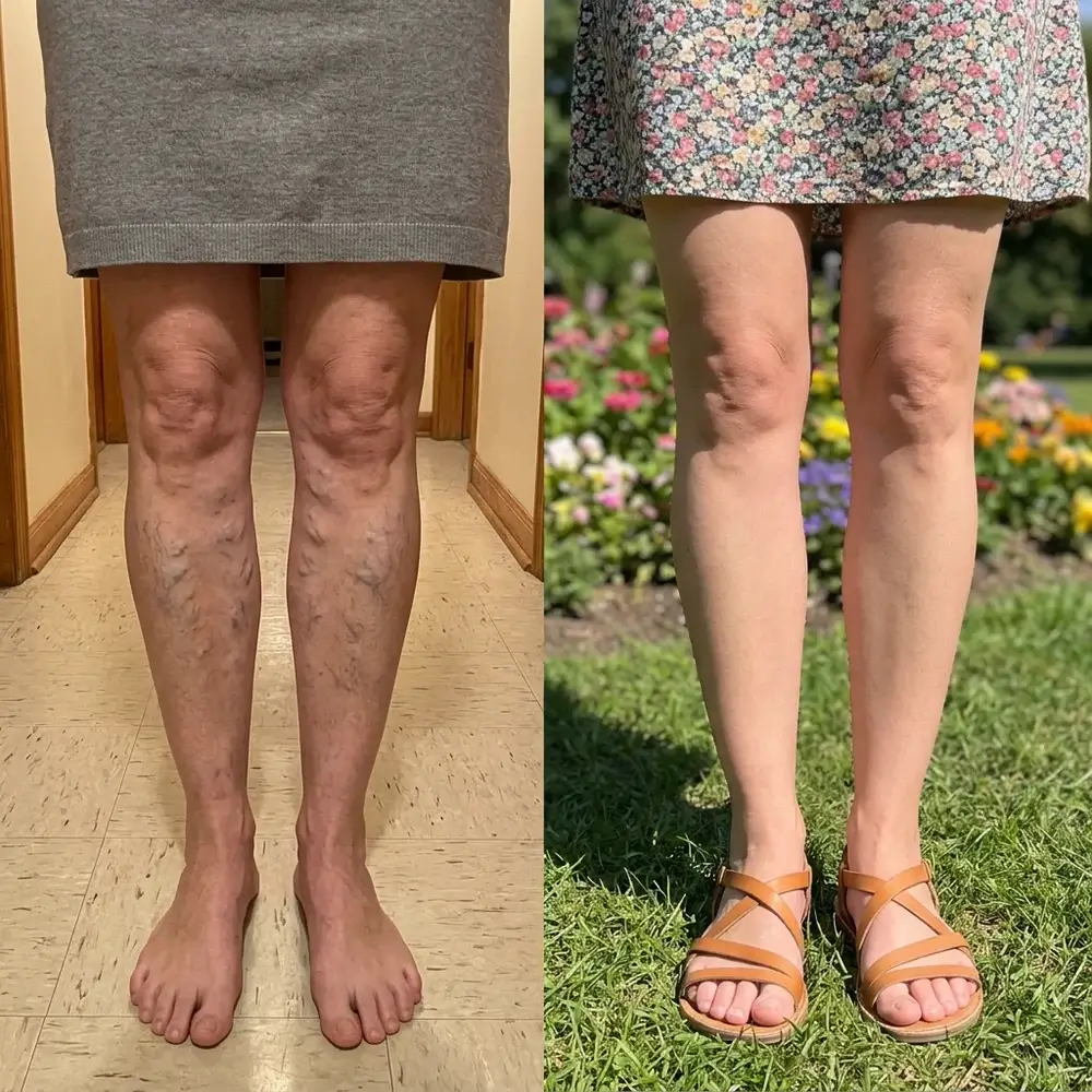 Antes y después: piernas con varices gruesas azuladas y las mismas piernas lisas con vestido de flores en un parque
