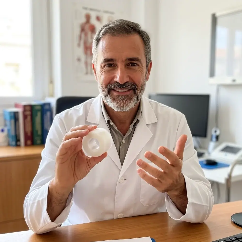 Cirujano vascular con bata blanca en la consulta sosteniendo el rollo VenoClear
