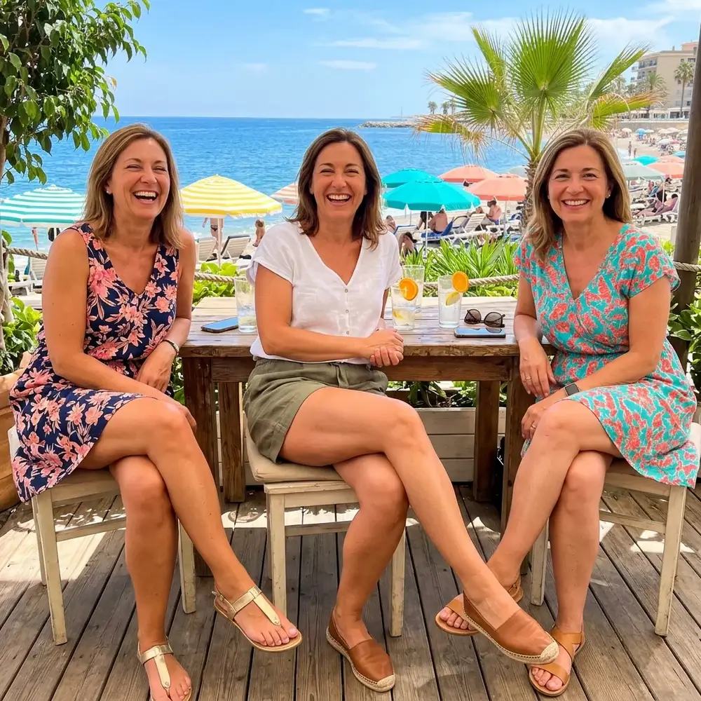 Tres amigas riendo en una terraza de playa con shorts y vestidos cortos y las piernas lisas a la vista