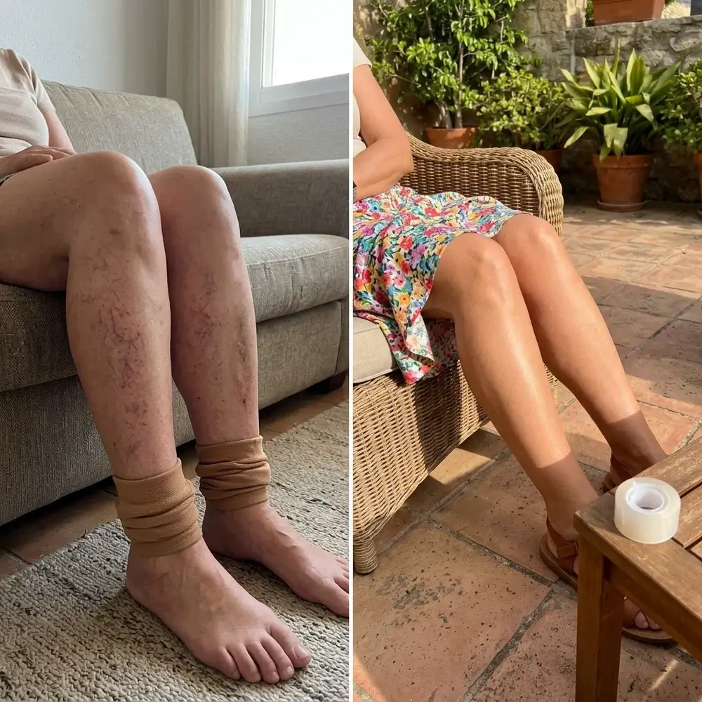 Antes y después de las espinillas de Consuelo: telaraña de arañas vasculares y después piel uniforme