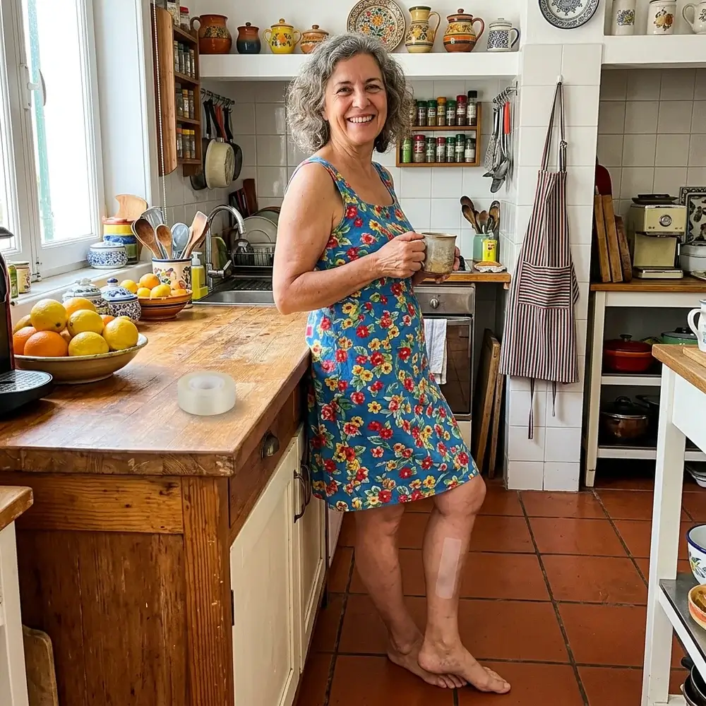 Señora orgullosa en la cocina mostrando sus piernas con una tira VenoClear